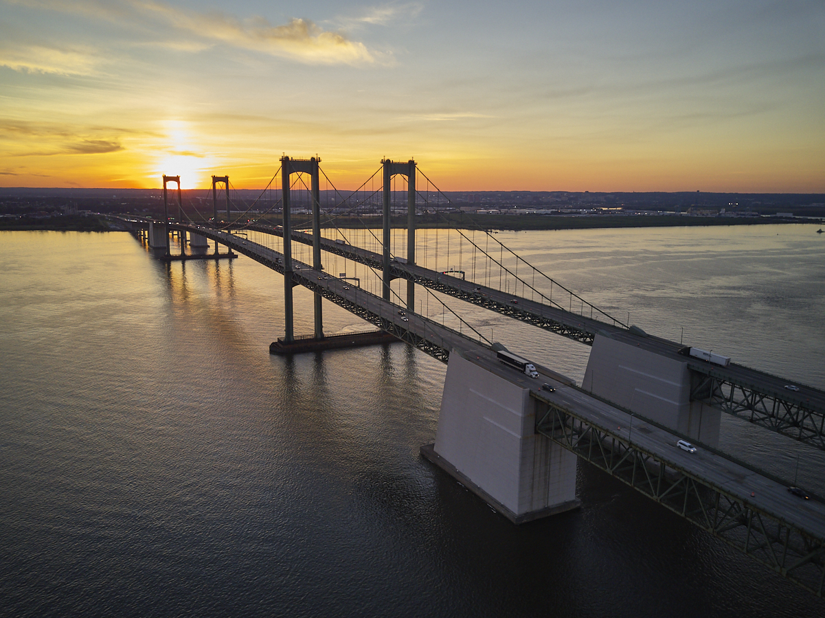 Delaware Memorial Bridge at sunset arial view