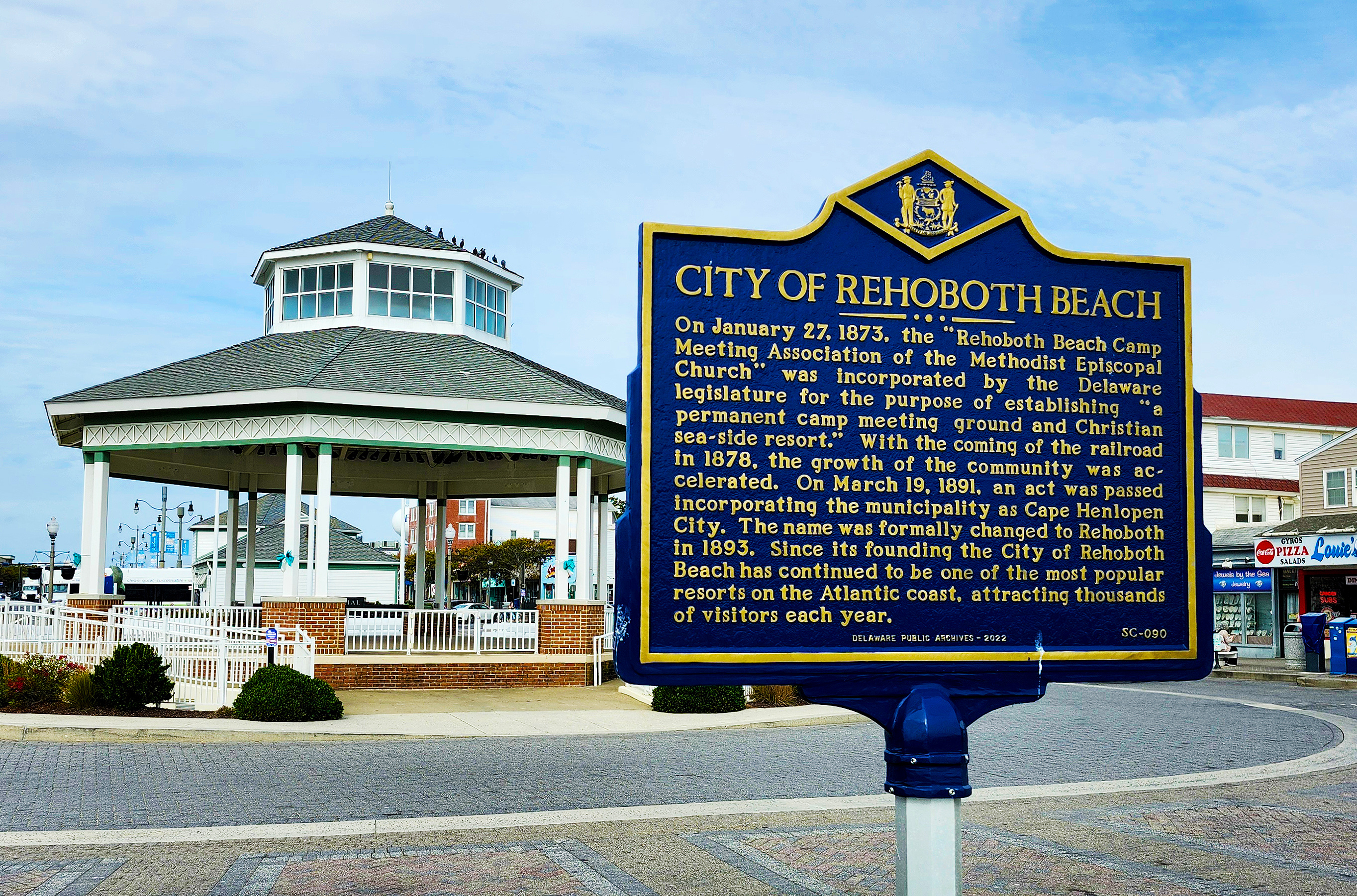 Downtown Rehoboth Beach Pavilion and sign of the city's history