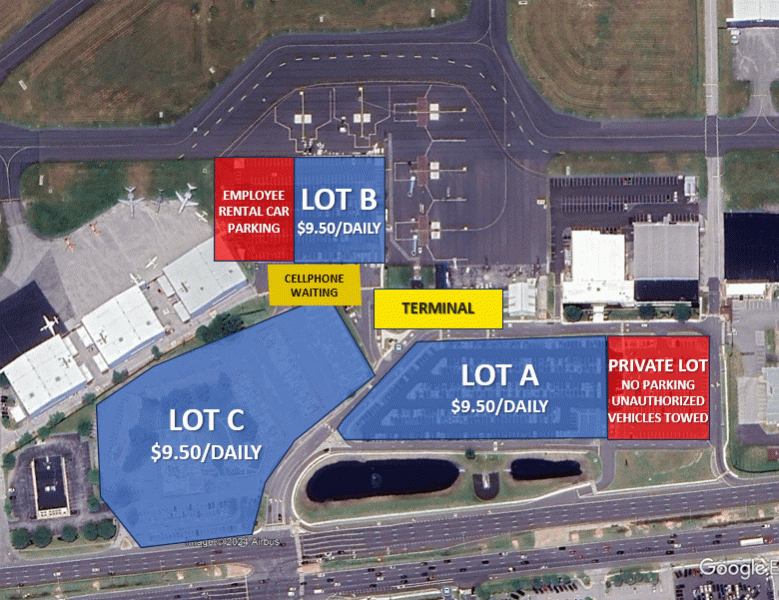 Map of ILG Parking Lots A B C used on a daily basis as of December 9, 2024 at Wilmington Airport