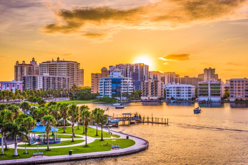 Photo shows downtown Sarasota across the water at sunset.