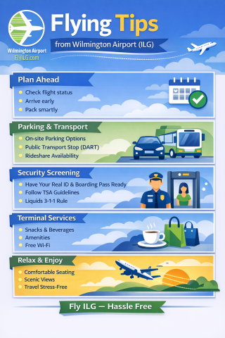 Essential flying tips from Wilmington Airport ILG, including arrival timing, parking advice, baggage tips, flight updates, and TSA guidance.